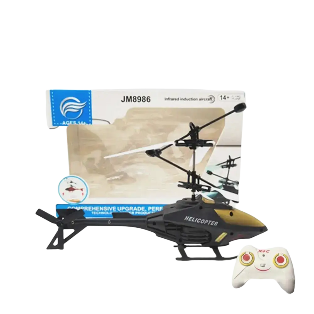 Black and gold usb rechargeable flying helicopter toy with sleek modern design and remote control functionality