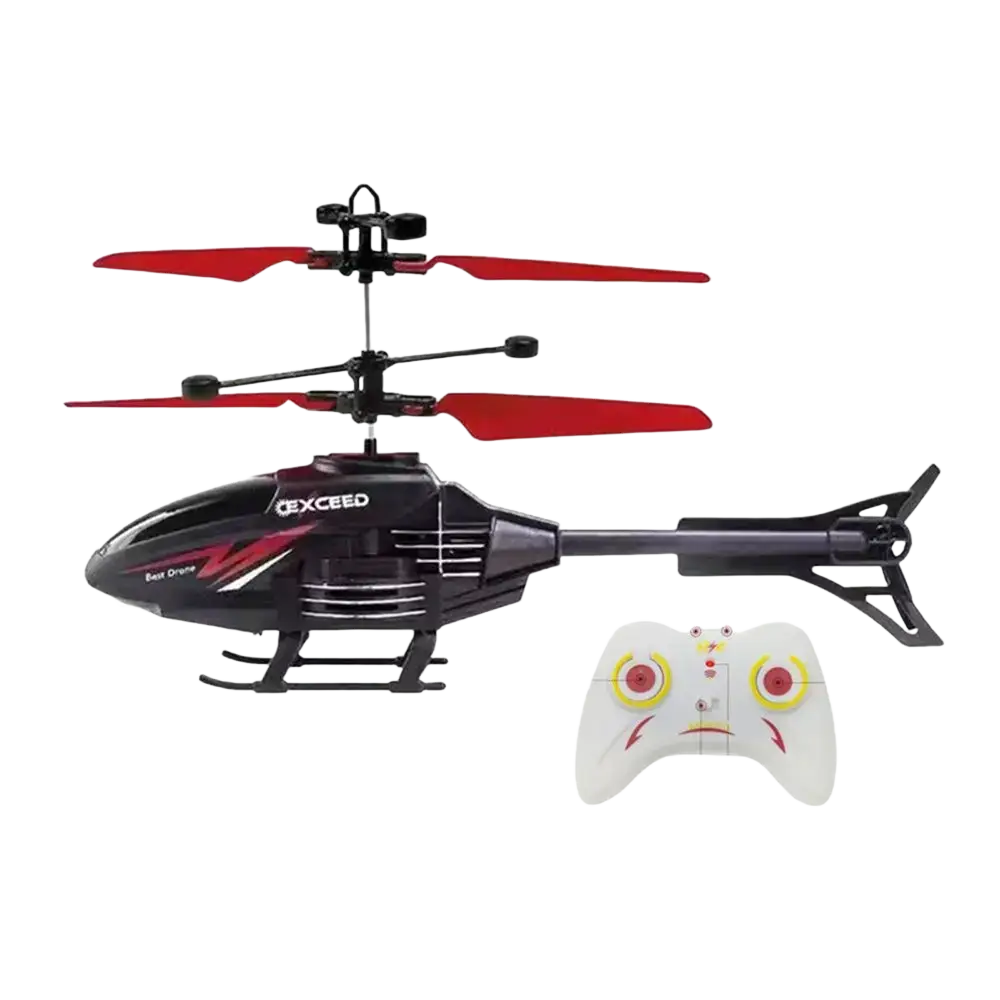 Black and red exceed brand flying helicopter toy with usb rechargeable remote control and white controller with yellow accents