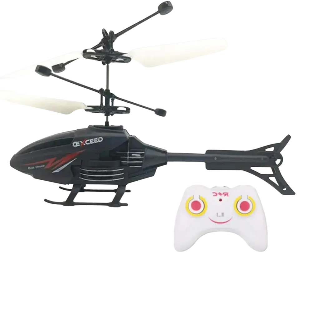 Black and red exceed flying helicopter toy with white propellers and matching white usb rechargeable remote controller