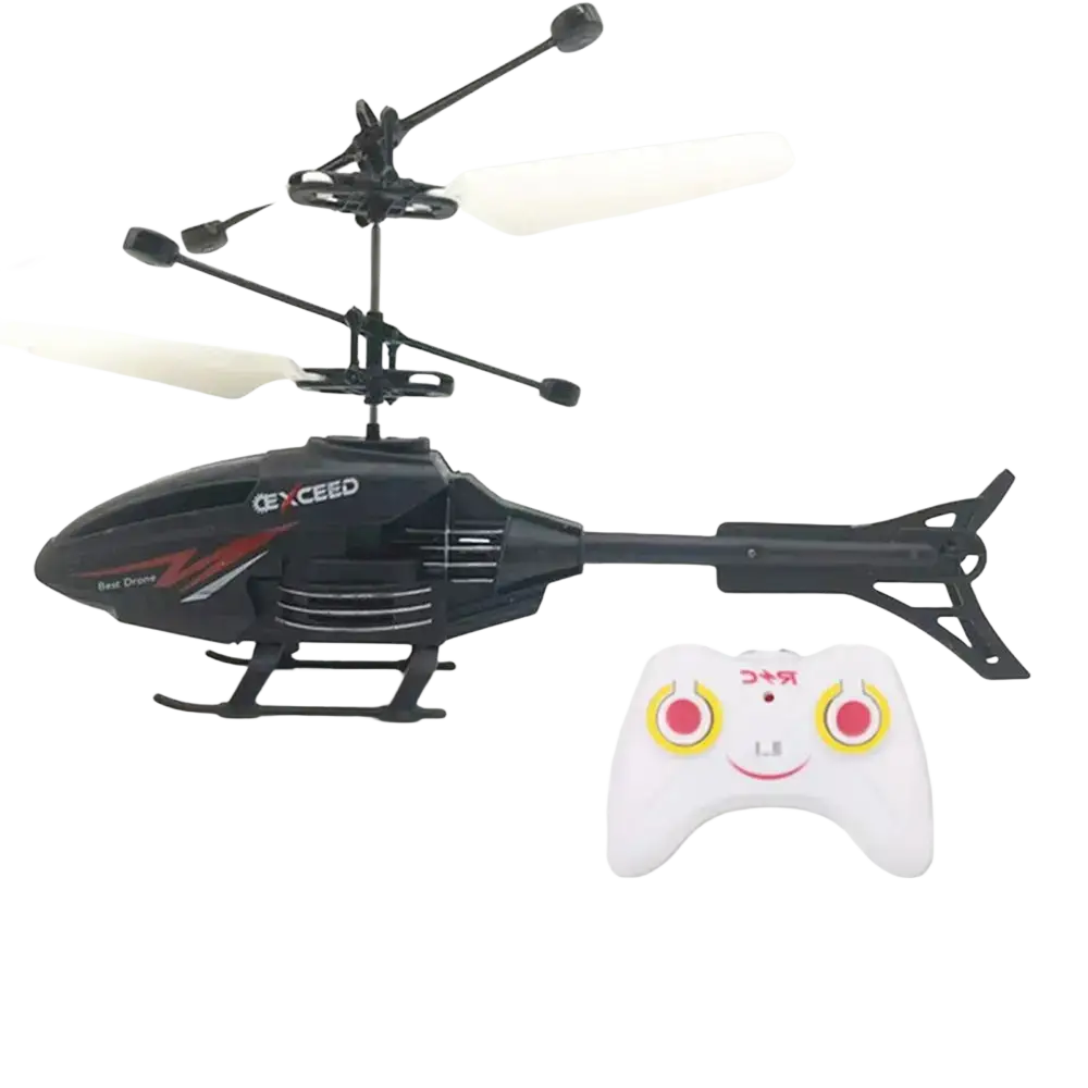 Black and white remote-controlled flying helicopter toy with red accents and exceed brand name, usb rechargeable