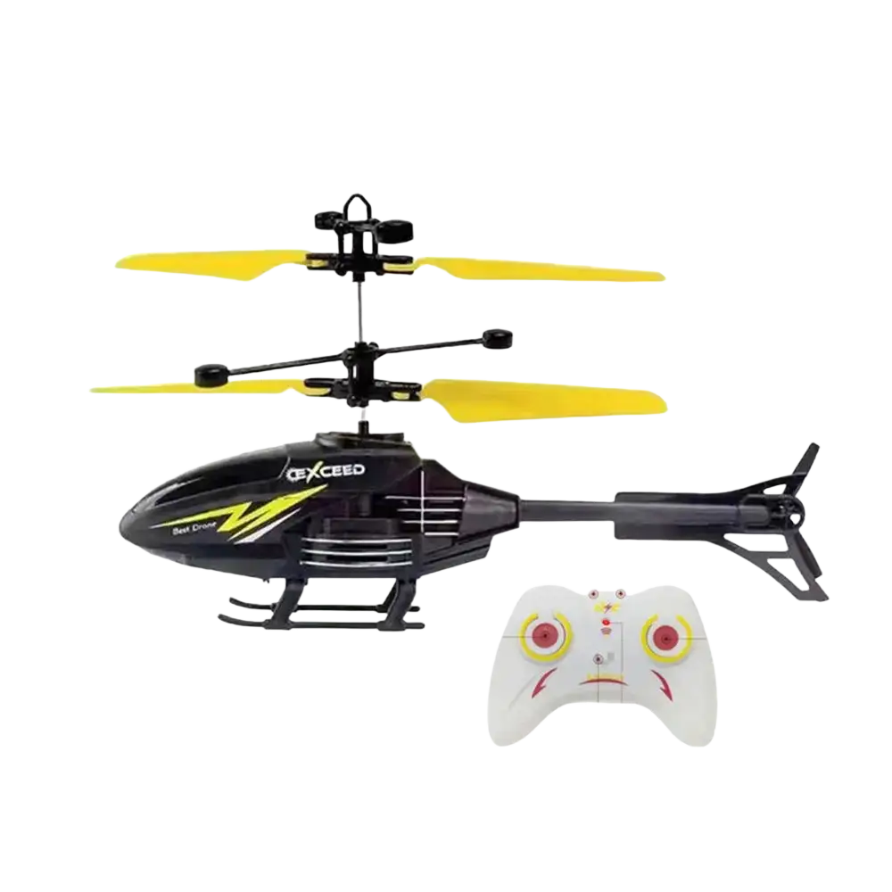 Black and yellow exceed flying helicopter toy with usb rechargeable remote control featuring white controller with red accents