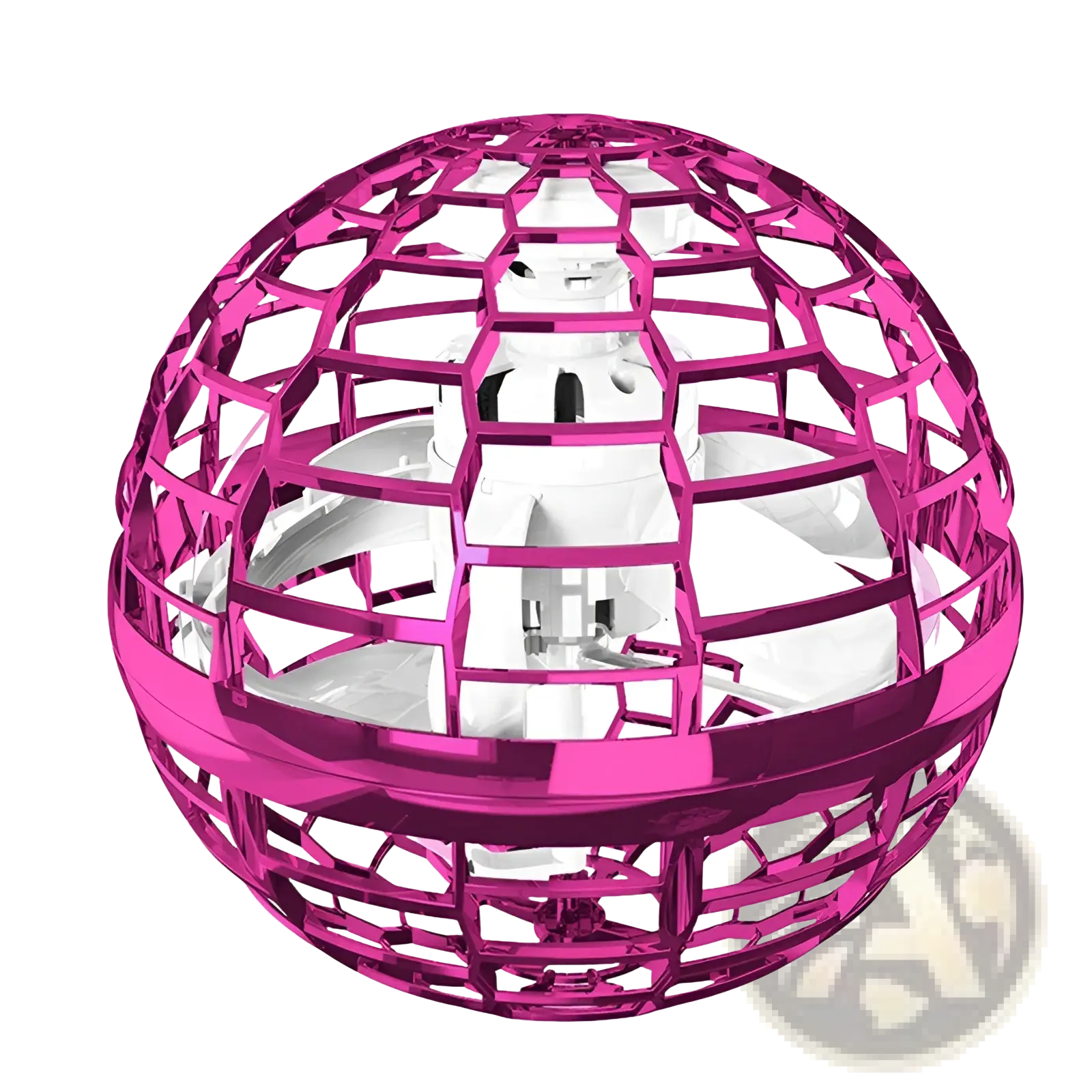 Pink metallic spherical flying orb ball boomerang spinner with hexagonal lattice and white internal components