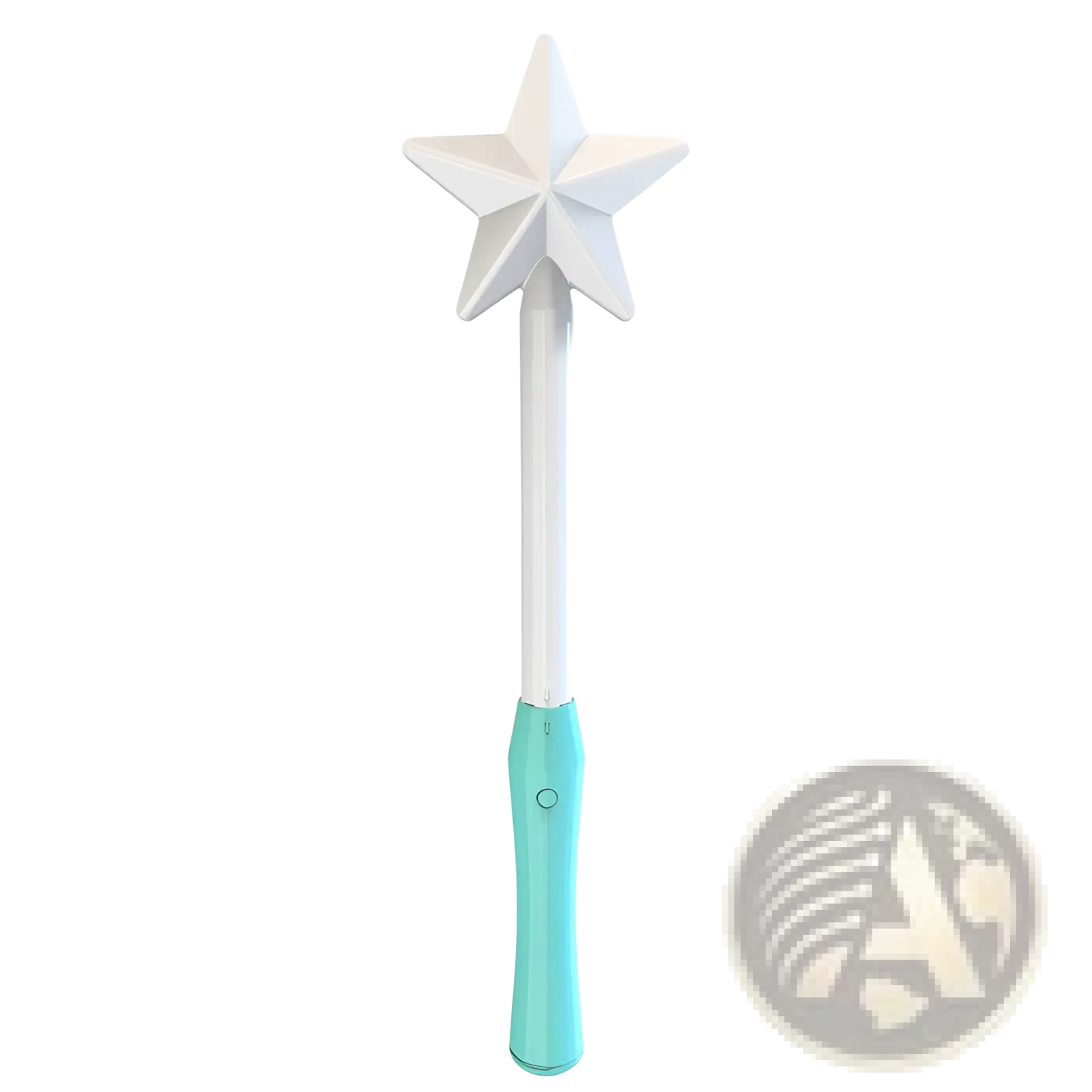 Flying orb ball boomerang spinner magic wand toy with a white star top and teal grip and button