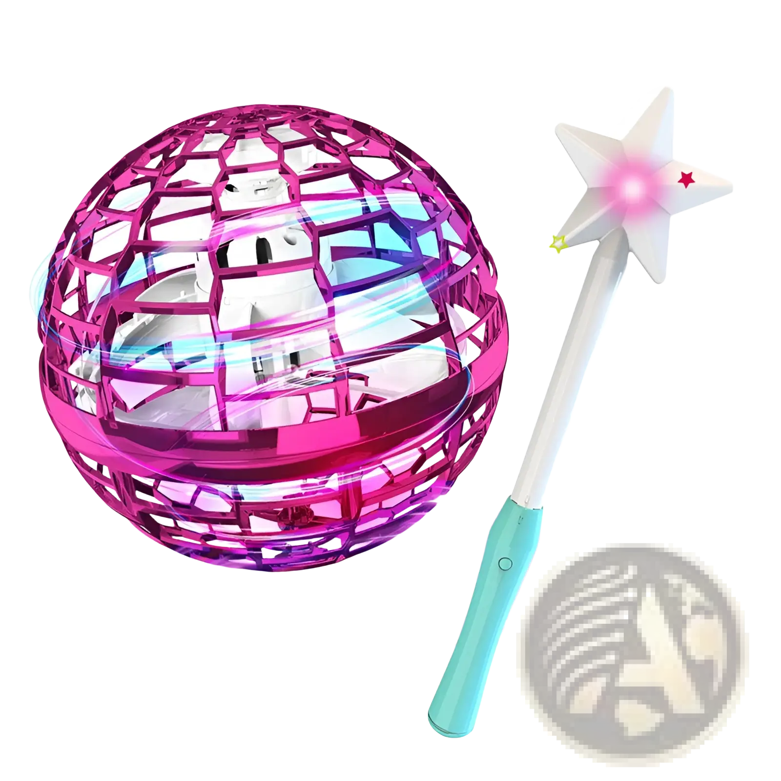 Pink holographic disco ball flying orb boomerang spinner toy with a star-shaped magic wand accessory