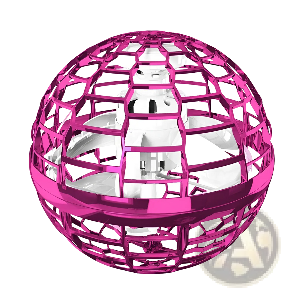 A vibrant pink hexagonal lattice flying orb ball boomerang spinner encasing a white drone with visible propellers