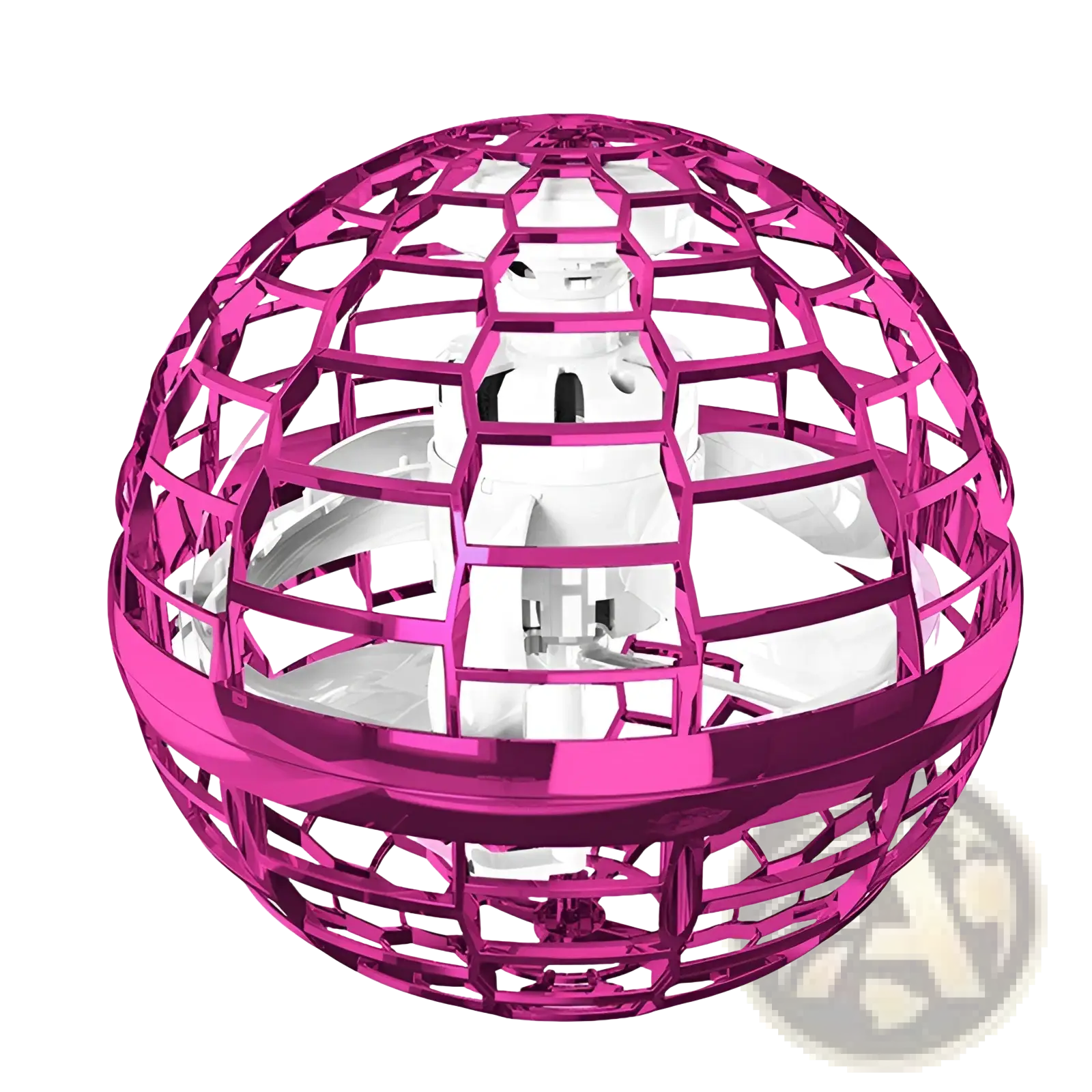 A vibrant pink hexagonal lattice flying orb ball boomerang spinner encasing a white drone with visible propellers