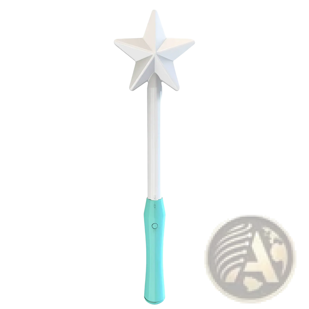 White star-topped magic wand with teal grip and button for flying orb ball boomerang spinner toy use