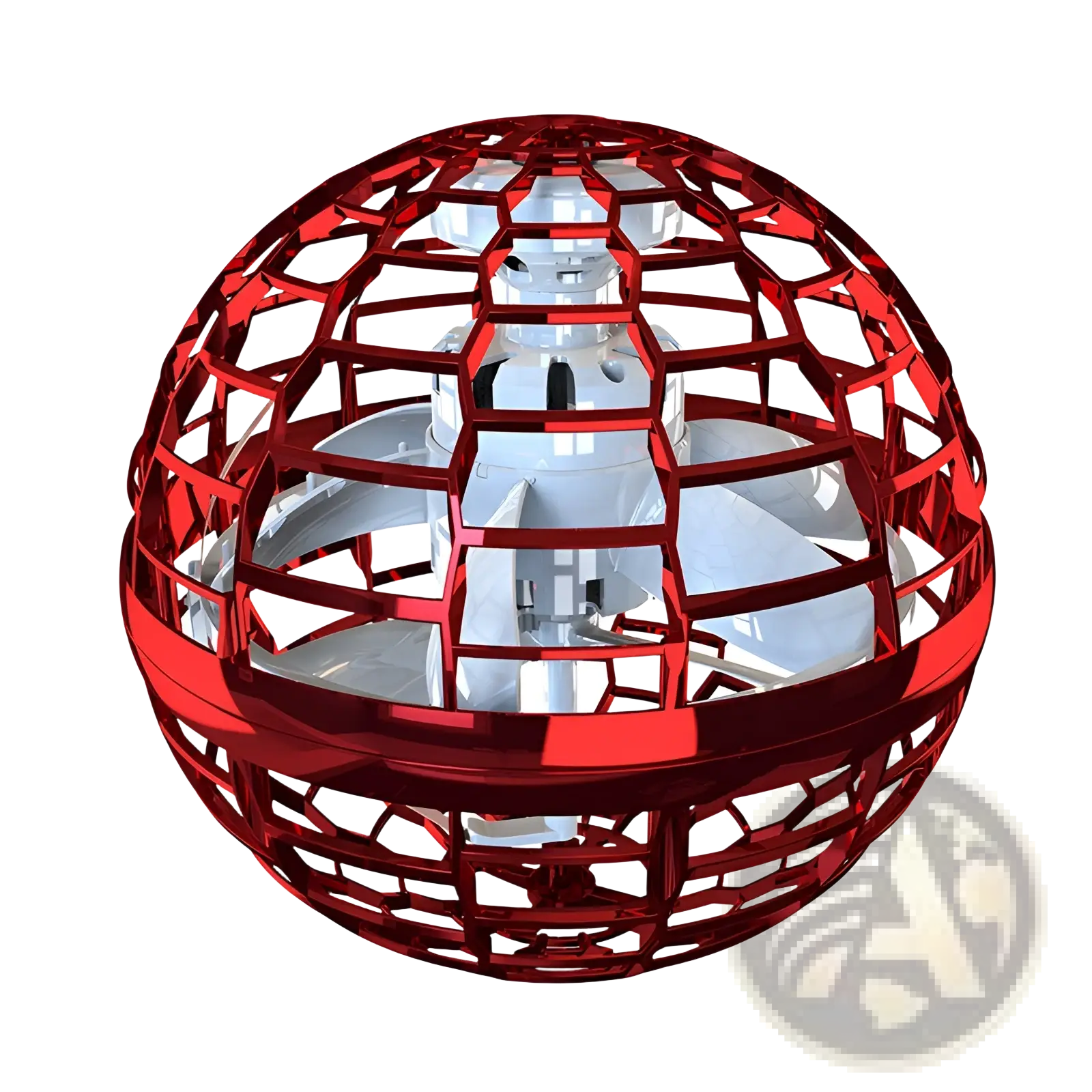 Red metallic flying orb ball boomerang spinner with geometric lattice design and internal white propellers
