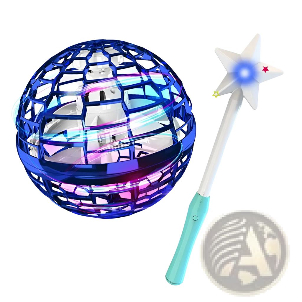 Blue glowing flying orb ball boomerang spinner with a star shaped magic wand toy for interactive play