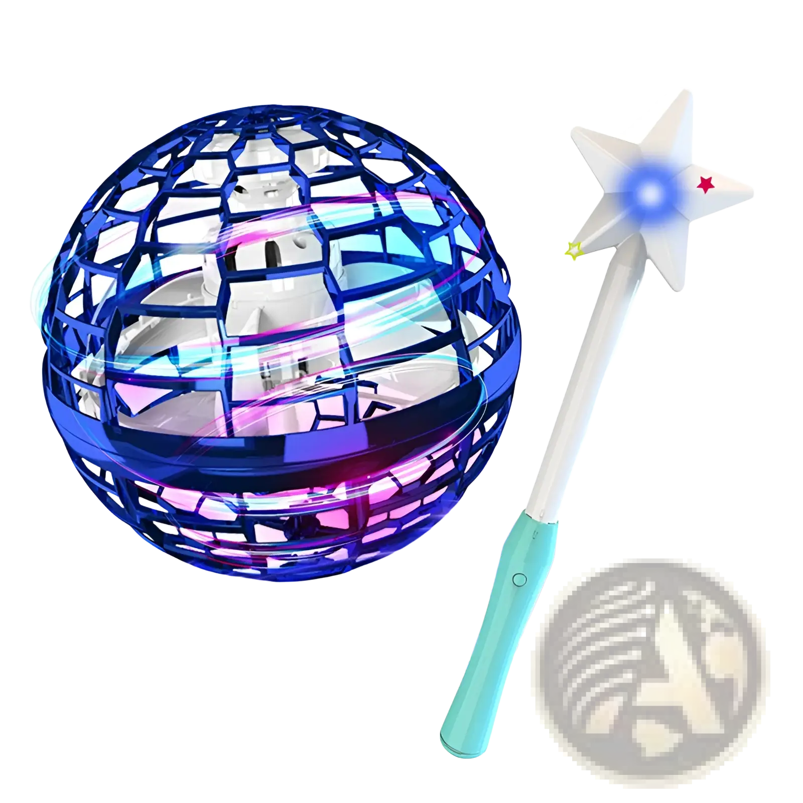 Blue glowing flying orb ball boomerang spinner with a star shaped magic wand toy for interactive play