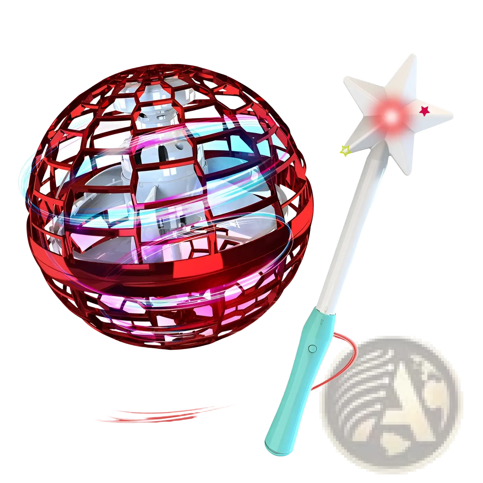 Flying orb ball boomerang spinner toy with red glowing disco ball and star-shaped magic wand for interactive play