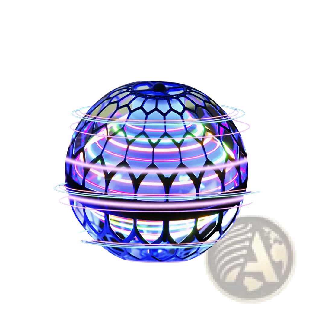 Glowing flying orb ball boomerang spinner with hexagonal pattern and vibrant blue and purple neon lights