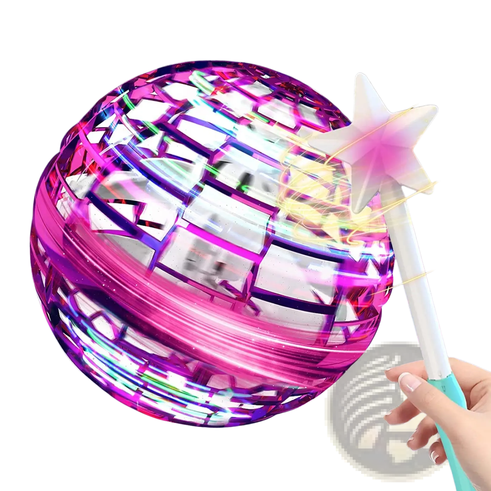 A glowing pink and purple led flying orb ball boomerang spinner toy with a star-shaped magic wand for play