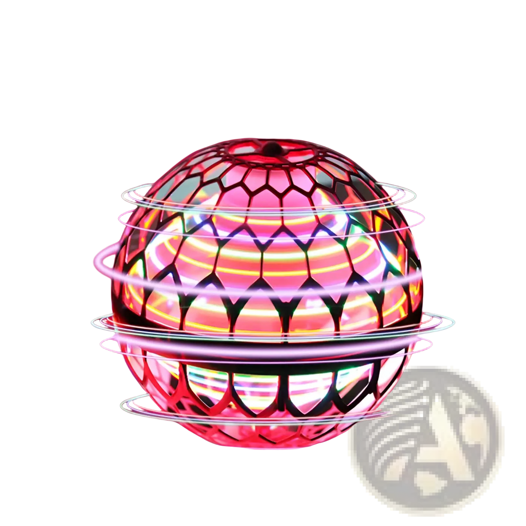 Flying orb ball boomerang spinner with glowing hexagonal led light sphere and vibrant rainbow neon rings toy