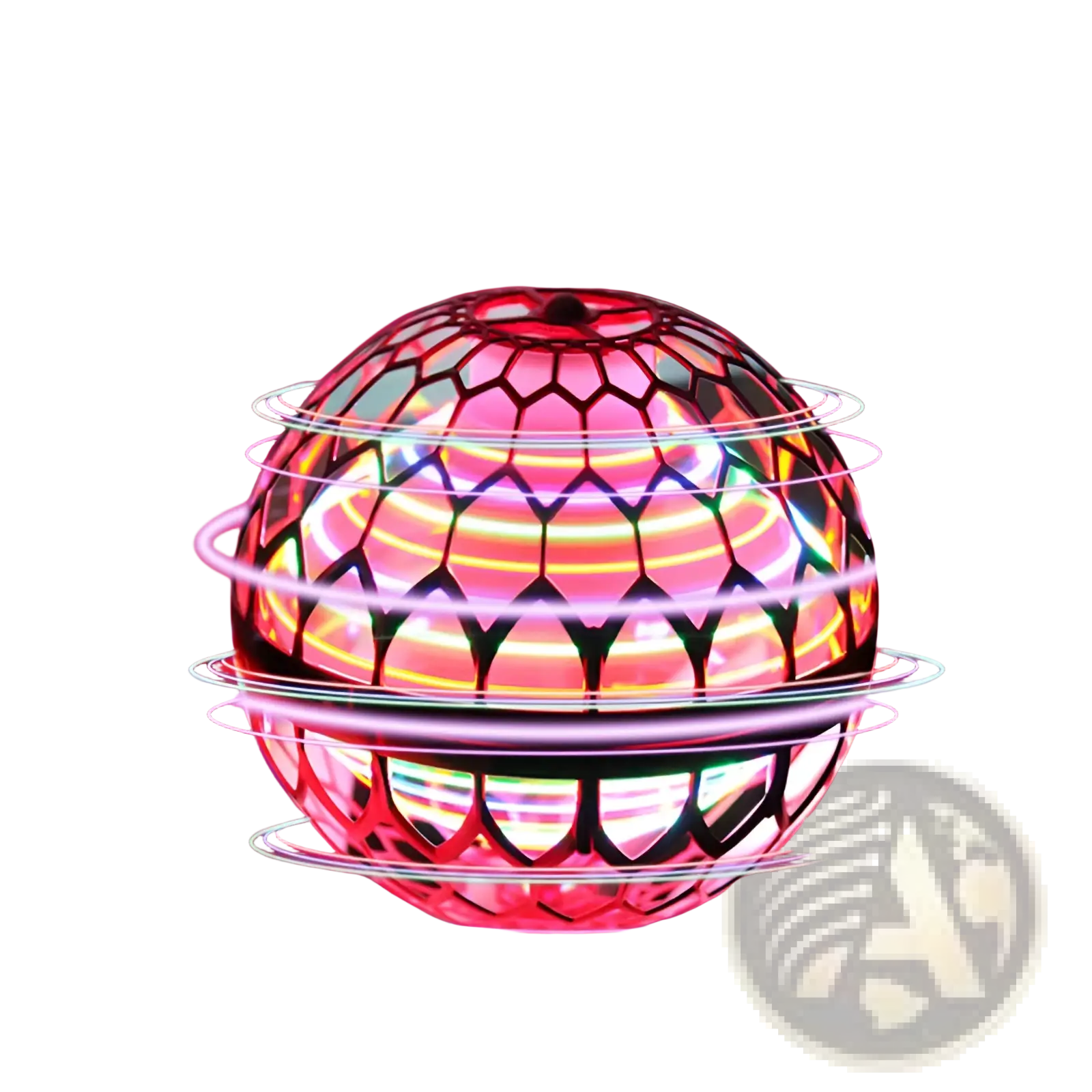Flying orb ball boomerang spinner with glowing hexagonal led light sphere and vibrant rainbow neon rings toy