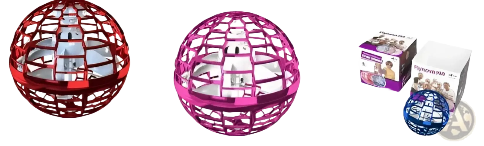 Three spherical flying orb ball boomerang spinner toys in red, pink, and blue metallic cage with propellers and magic wand