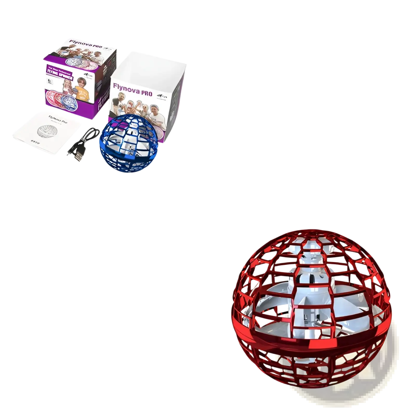 Red metallic spherical flying orb ball boomerang spinner with lattice design and magic wand toy