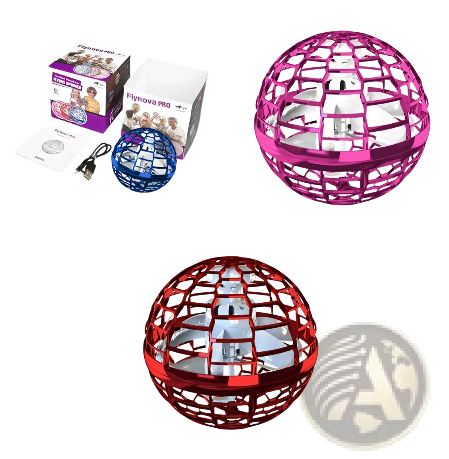 The flynova pro flying orb ball boomerang spinner is a spherical mesh drone with visible internal propellers