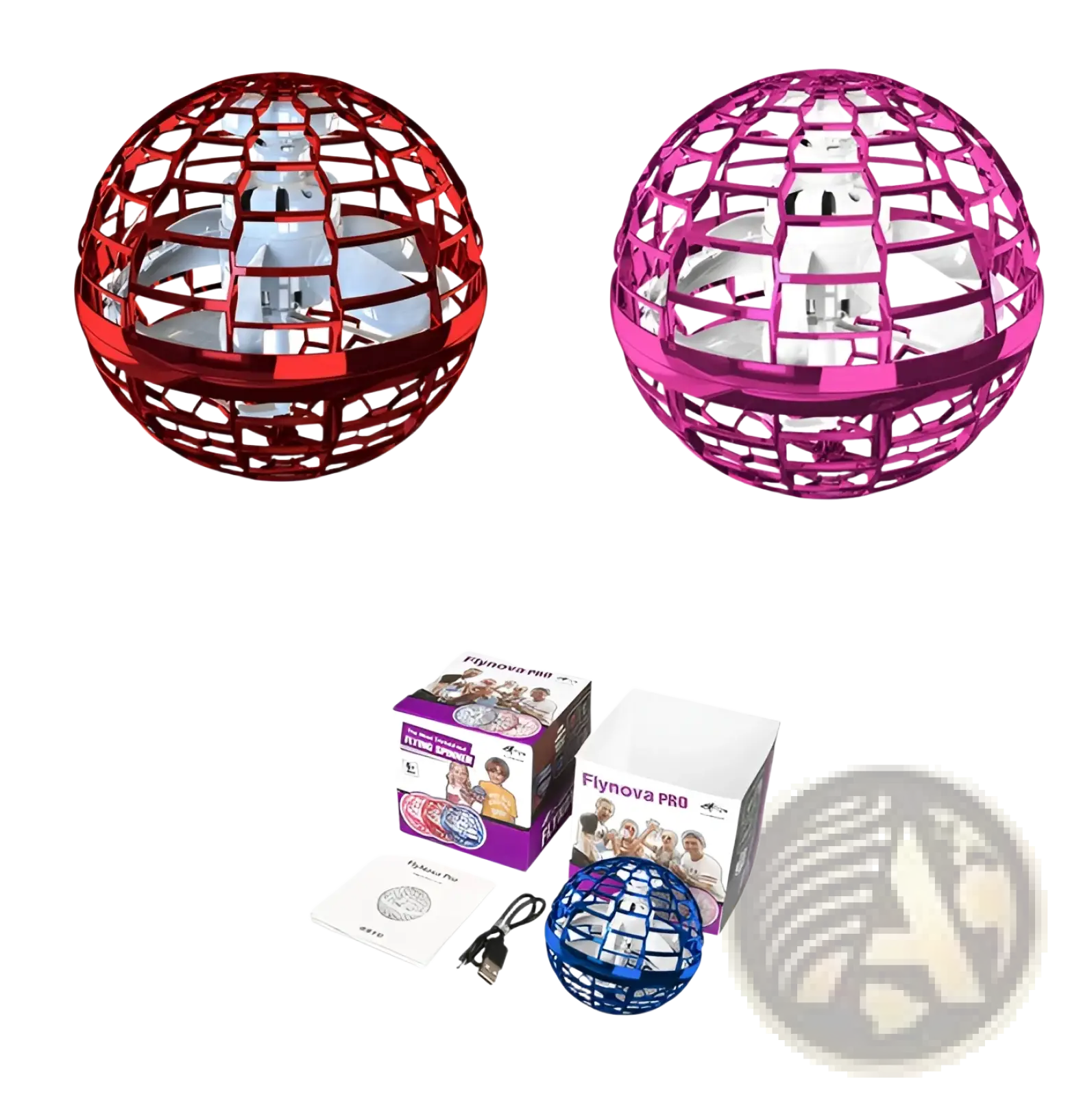 The flynova pro flying orb ball boomerang spinner is a spherical drone with a lattice design and translucent panels showing propellers