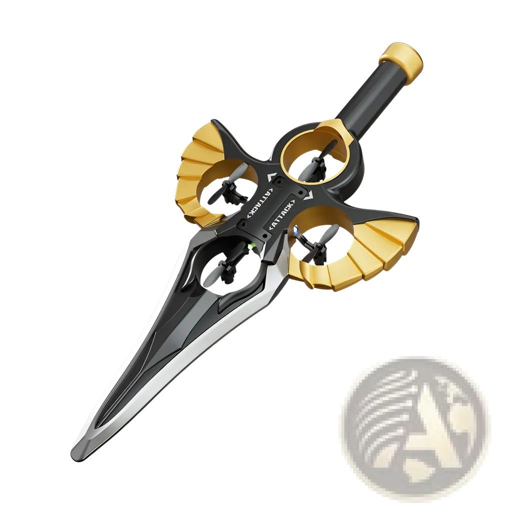 Flying sword drone gold robot battery kids toy in black and gold featuring four propellers integrated into sword wings