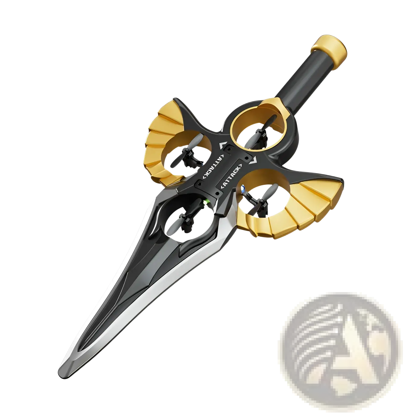 Flying sword drone gold robot battery kids toy in black and gold featuring four propellers integrated into sword wings