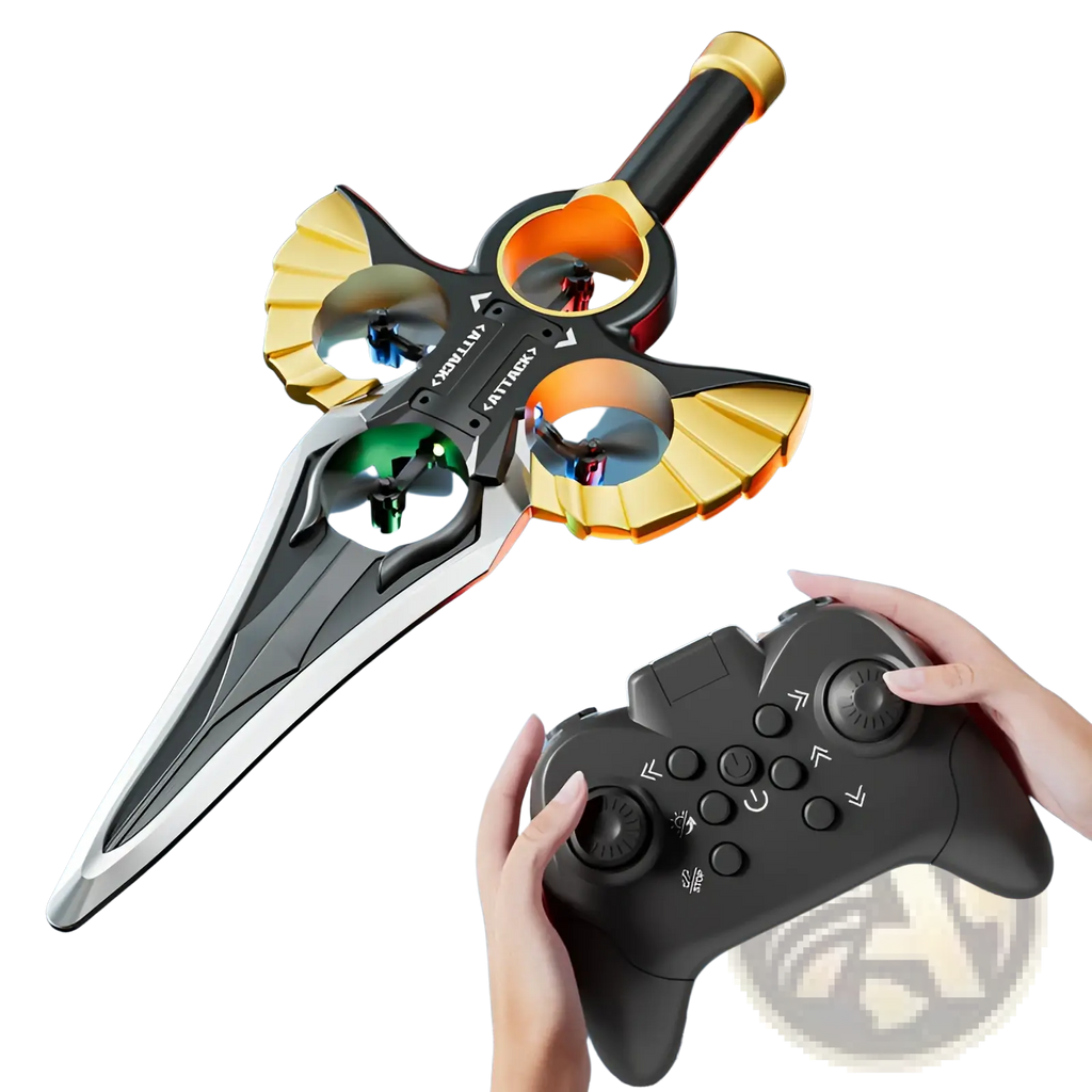 Black and gold remote-controlled flying sword drone with sleek futuristic design and rechargeable battery for kids toy use