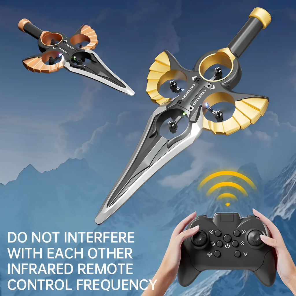 Silver and gold sword-shaped flying drone with black accents designed as a kids toy with rechargeable battery
