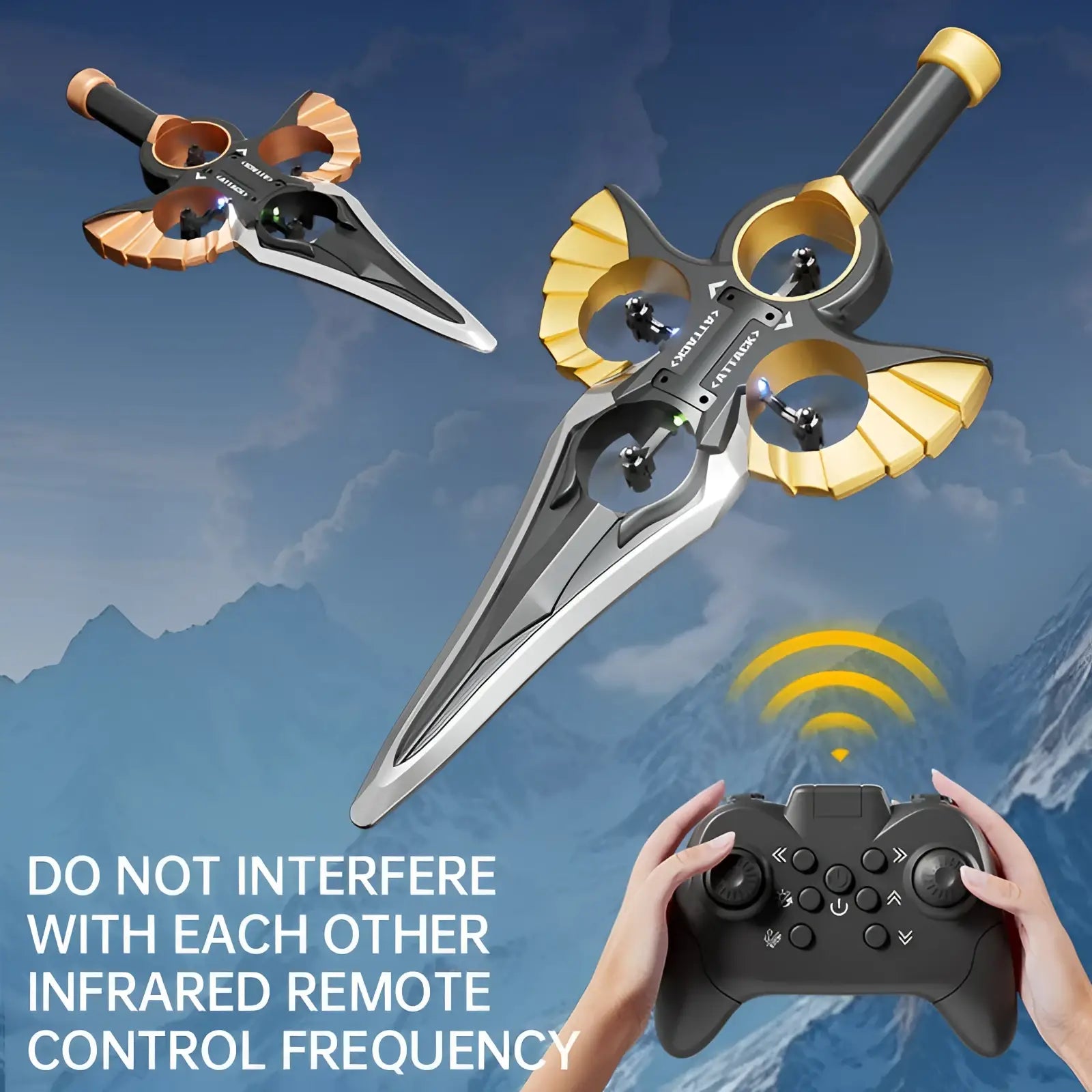 Silver and gold sword-shaped flying drone with black accents designed as a kids toy with rechargeable battery