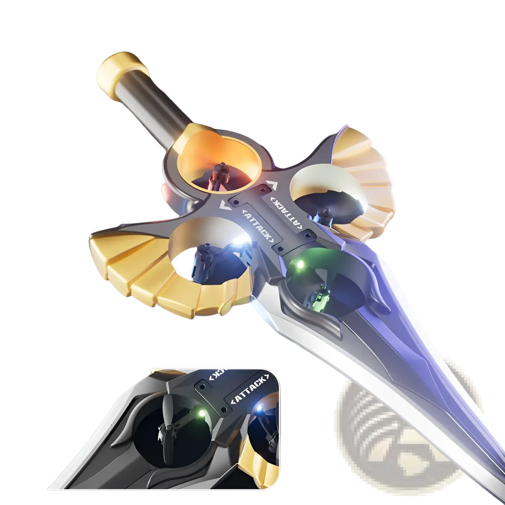 A sleek futuristic flying sword drone with gold and silver metallic accents designed as a kids toy robot battery drone