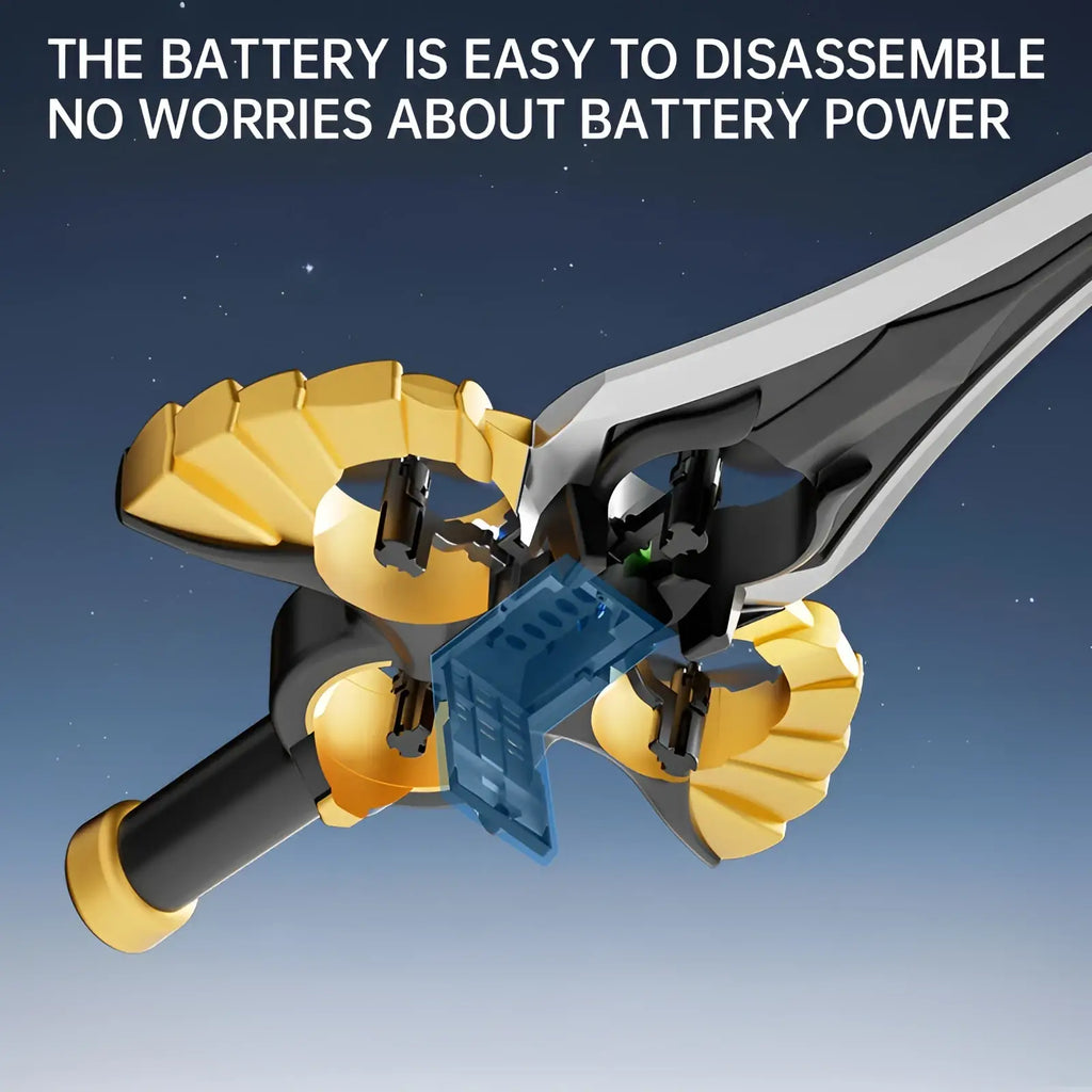 A sleek futuristic flying sword drone with a metallic silver blade and golden wing components for kids toy