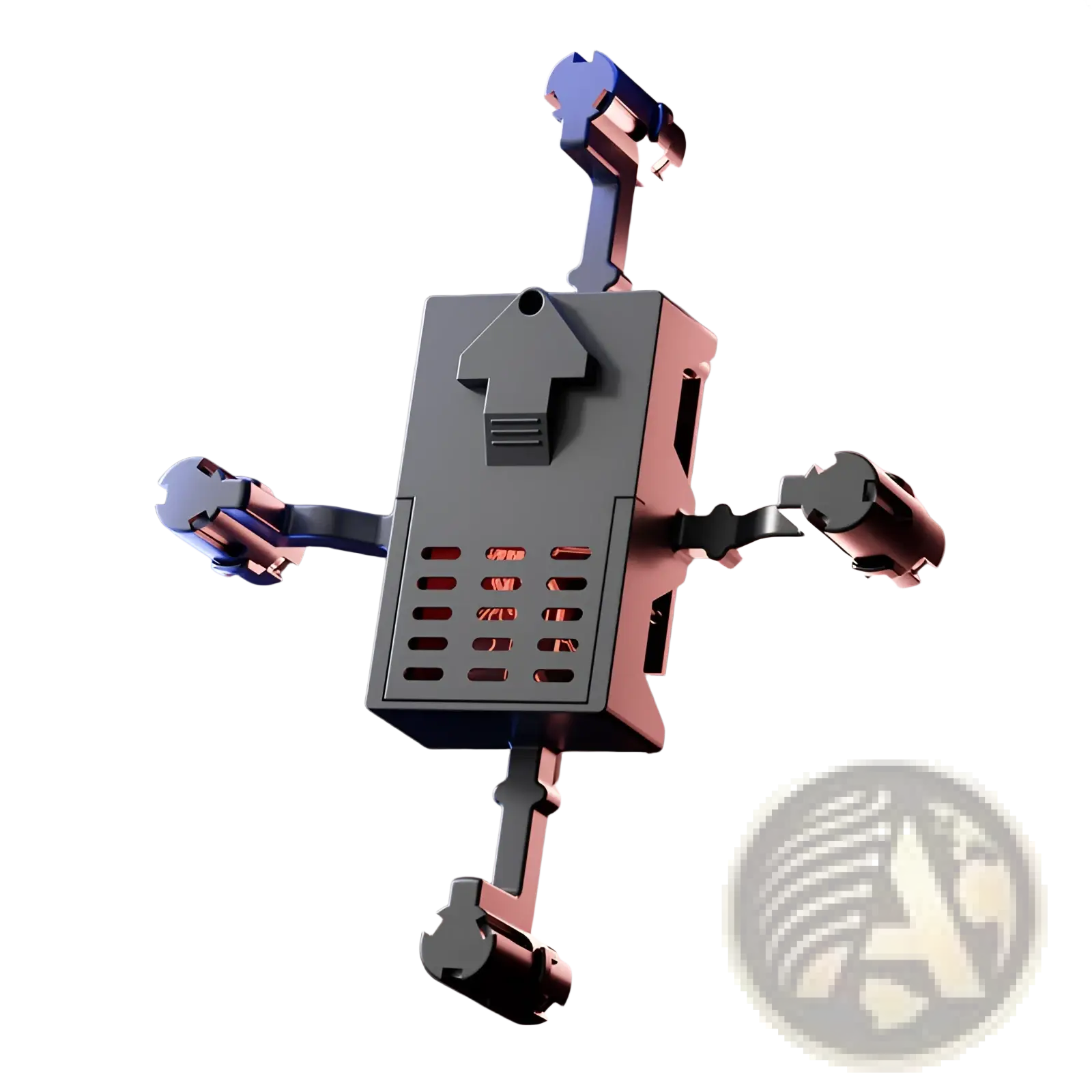 A sleek metallic gray flying sword drone gold robot battery with glowing red accents for kids toy use