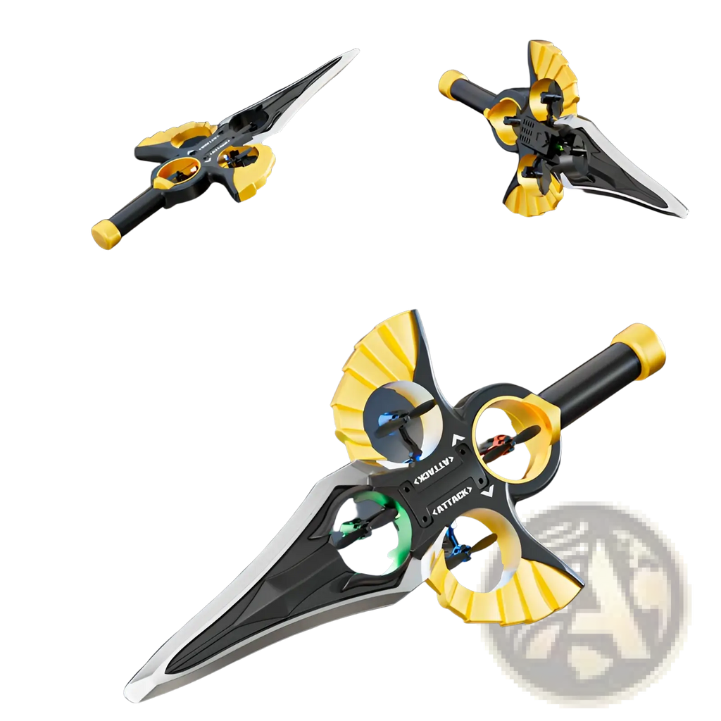 Yellow and black 360° stunt flying sword drone with sword-like design and robot battery for kids toy