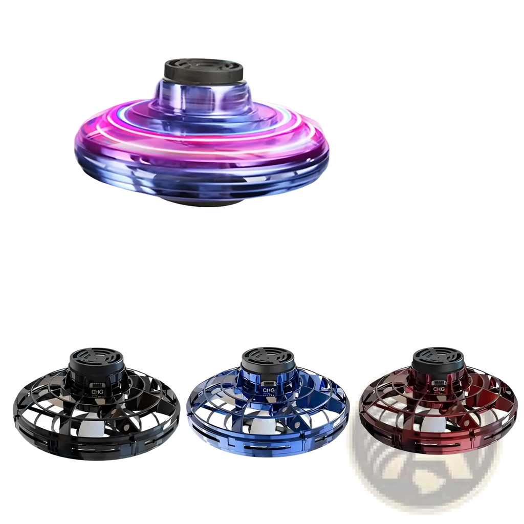 A glowing purple and blue flying ufo spinner led mini drone fingertip gyro toy with black top in black blue and red variants