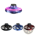 A glowing purple and blue flying ufo spinner led mini drone fingertip gyro toy with black top in black blue and red variants