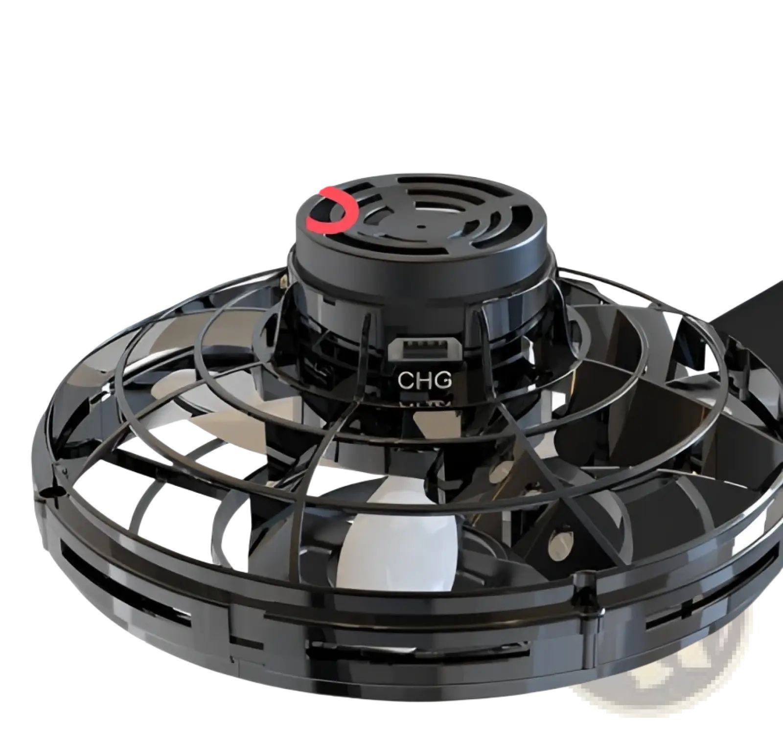 Black plastic flying ufo spinner led mini drone with circular fan design and central charging port for fingertip gyro toy use