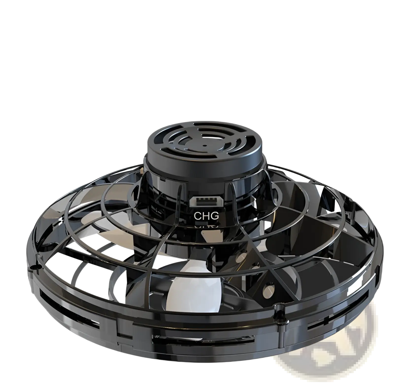 Black flying ufo spinner led mini drone with circular design and visible propellers for fingertip gyro toy use