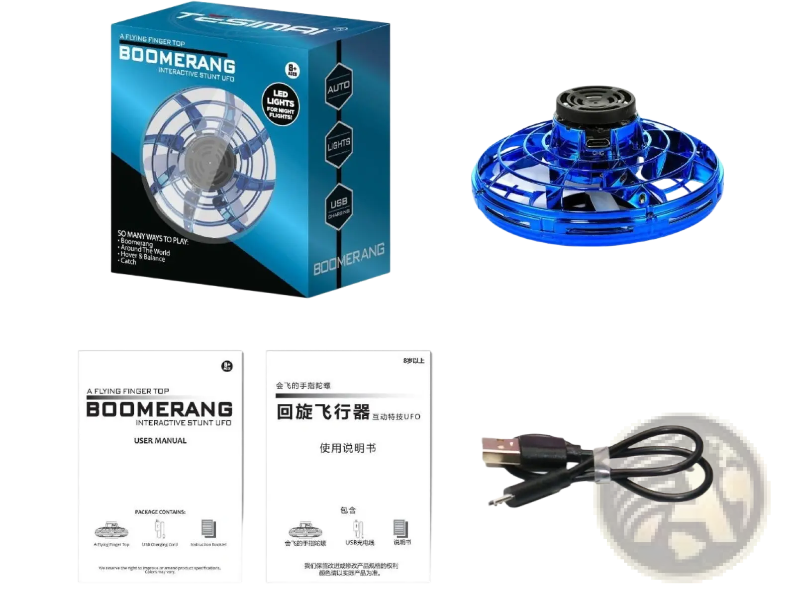 Blue translucent plastic flying ufo spinner led mini drone fingertip gyro toy with black central hub and led lights