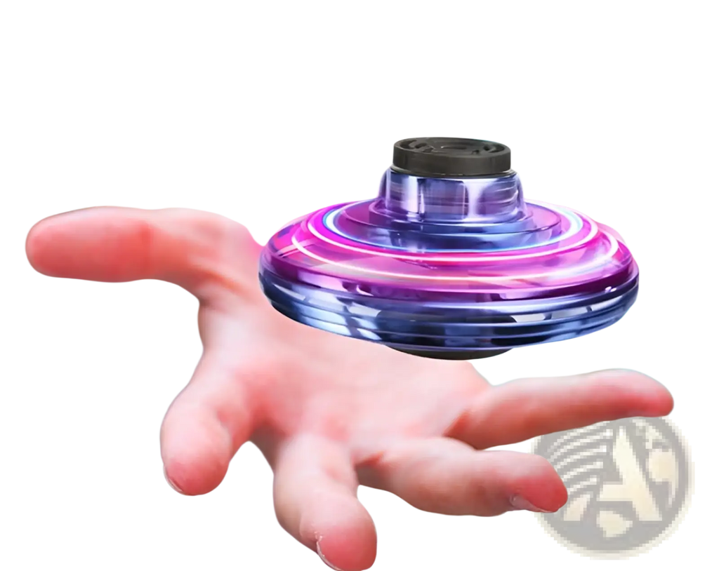 A translucent purple and blue flying ufo spinner led mini drone fingertip gyro toy with glowing neon rings and black cap