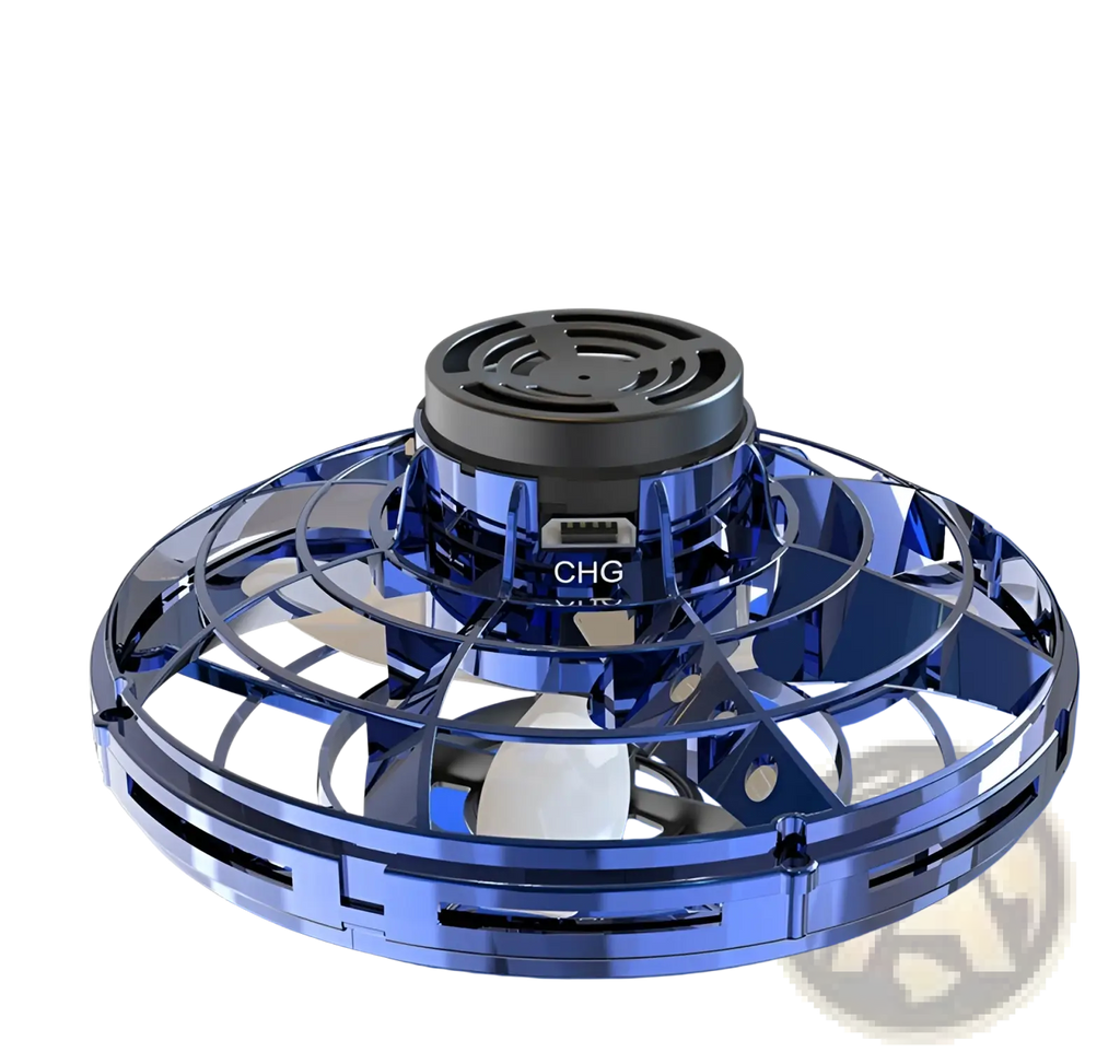 Blue transparent flying ufo spinner led mini drone with black charging port and metallic frame for fingertip gyro toy use