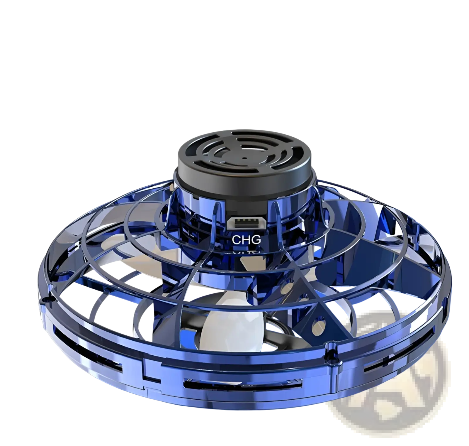 Blue transparent flying ufo spinner led mini drone with black charging port and metallic frame for fingertip gyro toy use