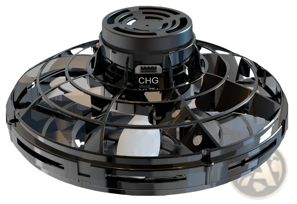 Black metallic flying ufo spinner led mini drone fingertip gyro toy with circular design and visible charging port