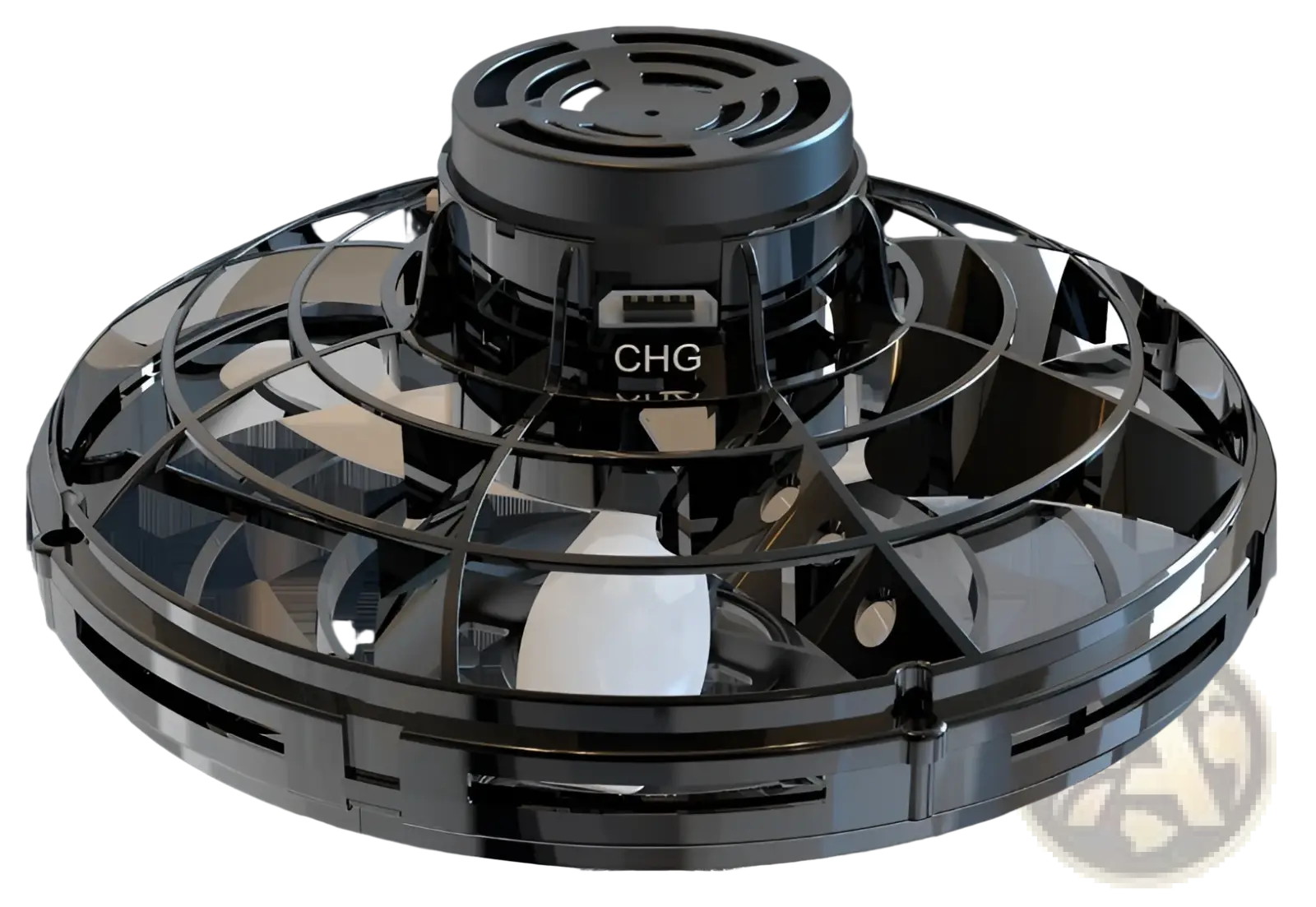 Black metallic flying ufo spinner led mini drone fingertip gyro toy with circular design and visible charging port