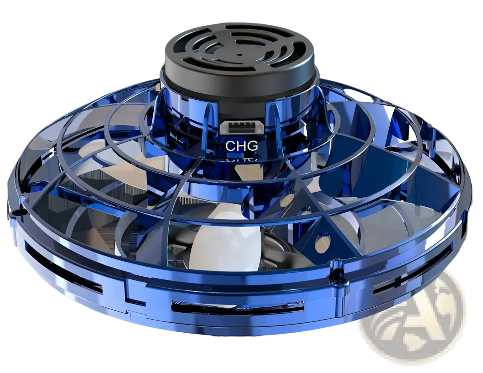 Blue metallic flying ufo spinner led mini drone fingertip gyro toy with black central hub and usb charging port