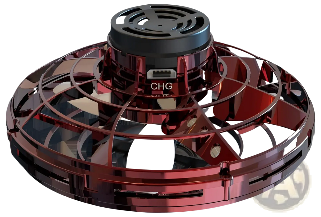 Red metallic flying ufo spinner led mini drone fingertip gyro toy with black central hub and visible charging port