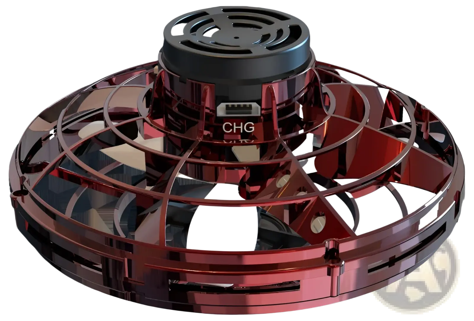 Red metallic flying ufo spinner led mini drone fingertip gyro toy with black central hub and visible charging port