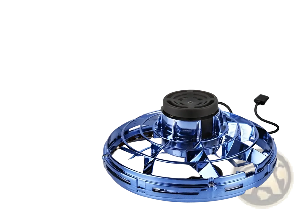 Blue transparent flying ufo spinner led mini drone with black central motor and charging cable for fingertip gyro toy use