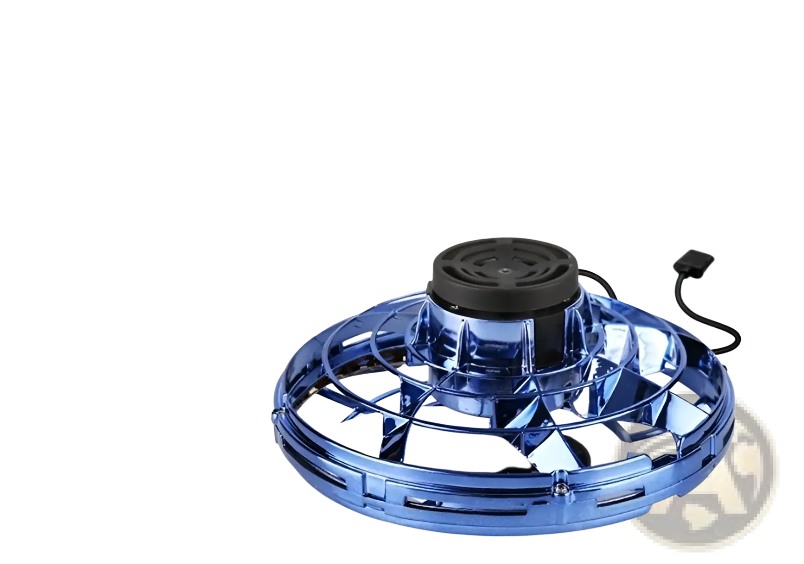 Blue transparent flying ufo spinner led mini drone with black central motor and charging cable for fingertip gyro toy use