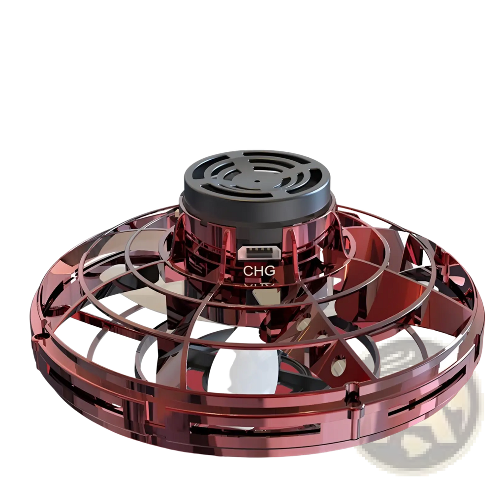 A sleek metallic red flying ufo spinner led mini drone with circular design and black central charging port