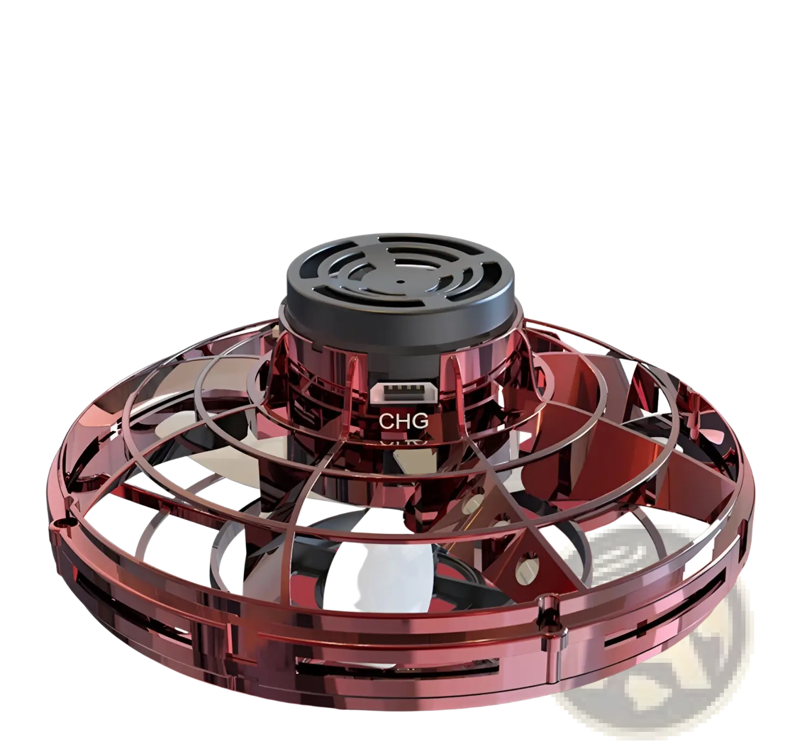 A sleek metallic red flying ufo spinner led mini drone with circular design and black central charging port