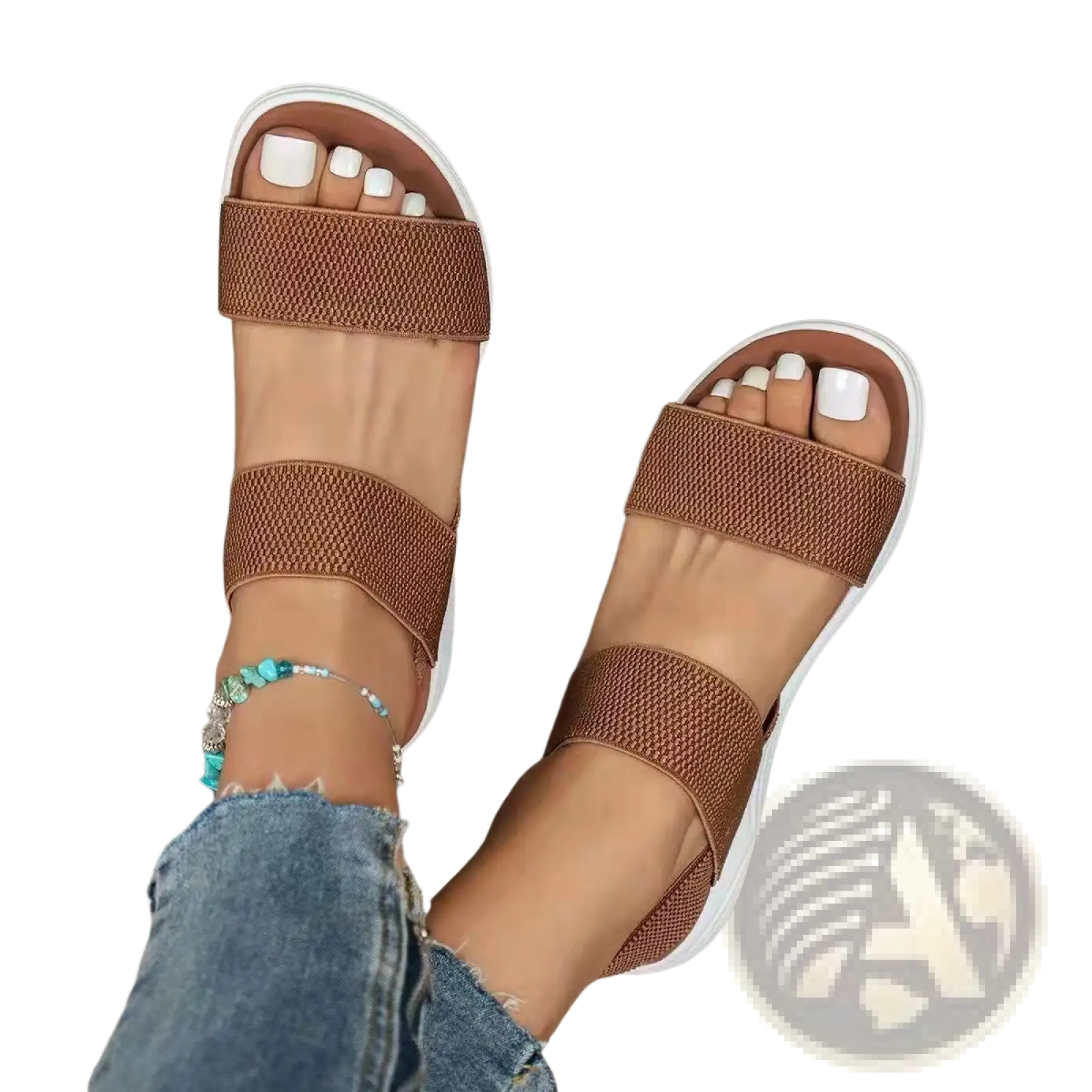 Brown mesh flyknit elastic back strap flat sandals for women with two straps and white rubber sole viewed from back